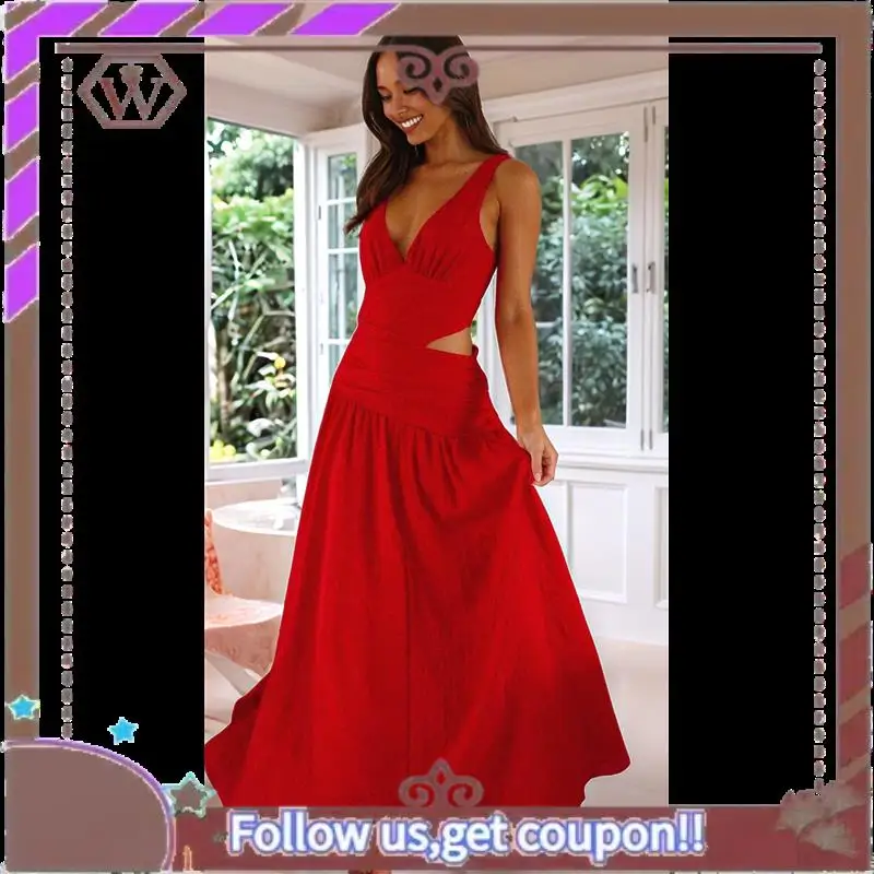 A95D-レディースロングドロップウエストルーシュサマードレス、流れるようなVネックカットアウトプリーツレディースドレス