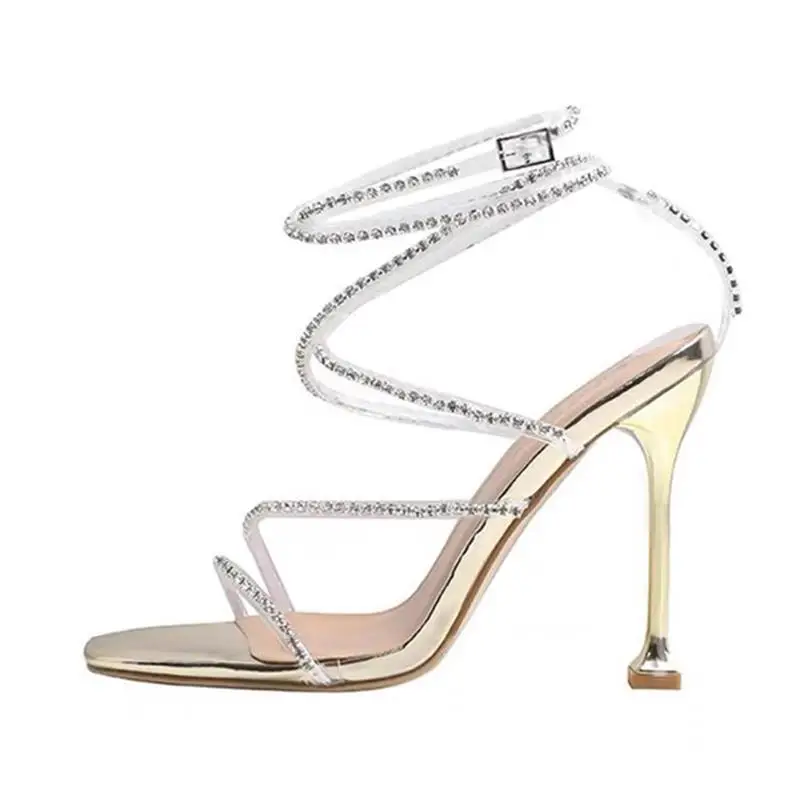 2022 Summer New Square Head Rhinestone Sandal Stiletto Heel Peep-toe High Heel Crystal Sexy Strap Roman Shoes for Women Sandals