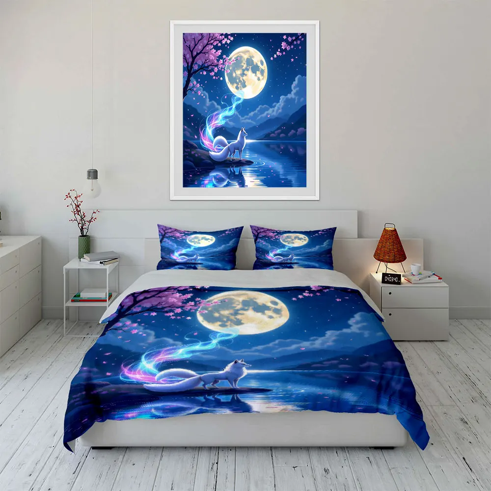 Mystic fox under moonlight Print Soft Comfortable Duvet Cover Bedding Set Included 1*Duvet Cover  2*Pillowcases Luxury gifts
