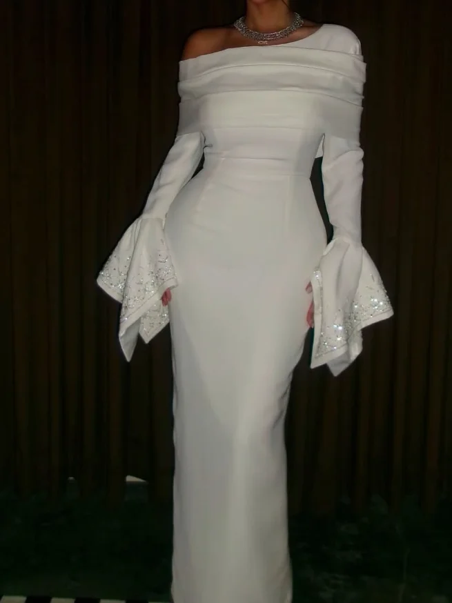 Customized High Quality Floor Length Full Sleeves Wrinkle Zipper Beaded Prom Evening Dresses Women  Abiye Uzun Elbise Modelleri