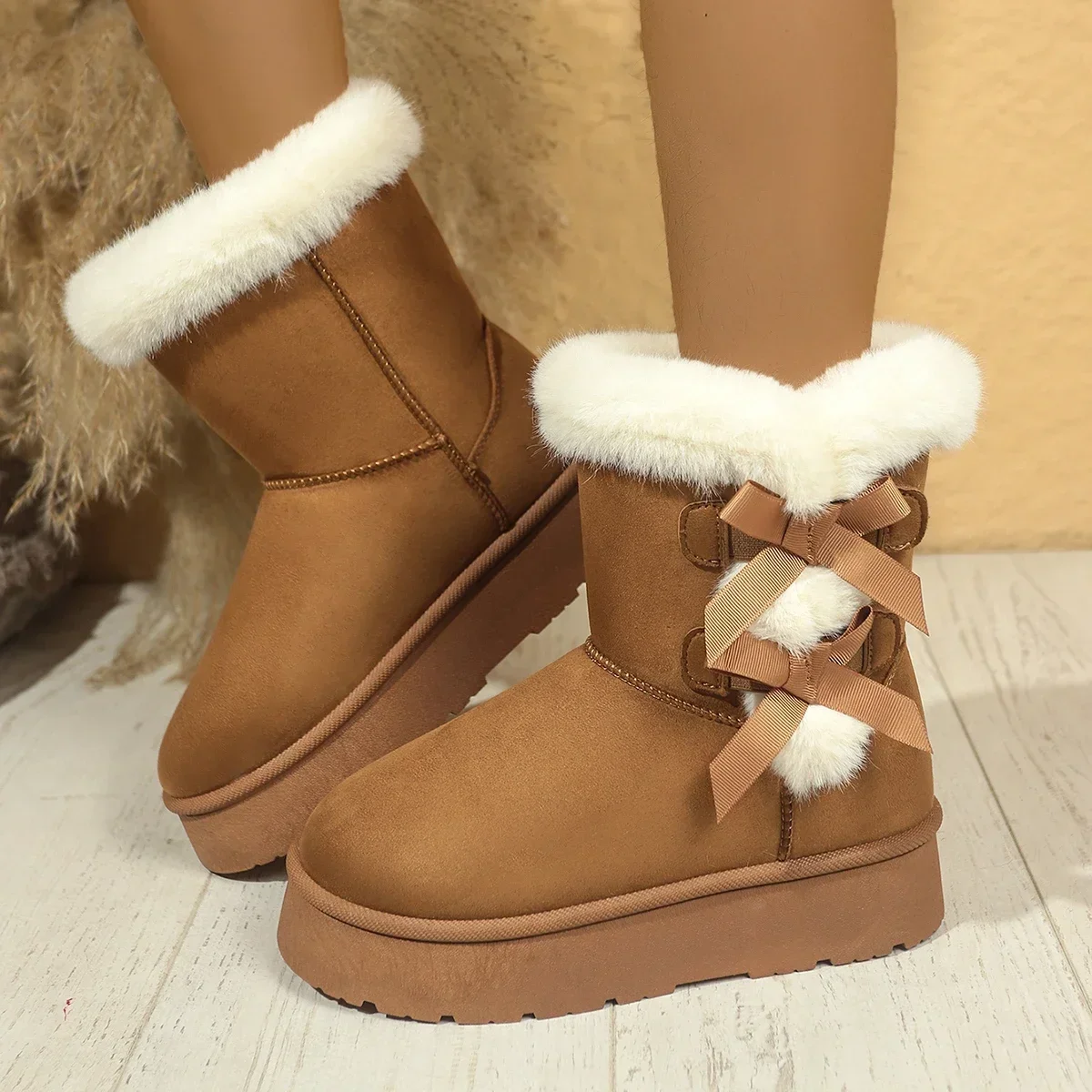 Fashionable luxury Winter Large Size Plus Velvet Snow Boots Round Toe Bow Sexy Warm Casual Comfortable Walking Boots for Women