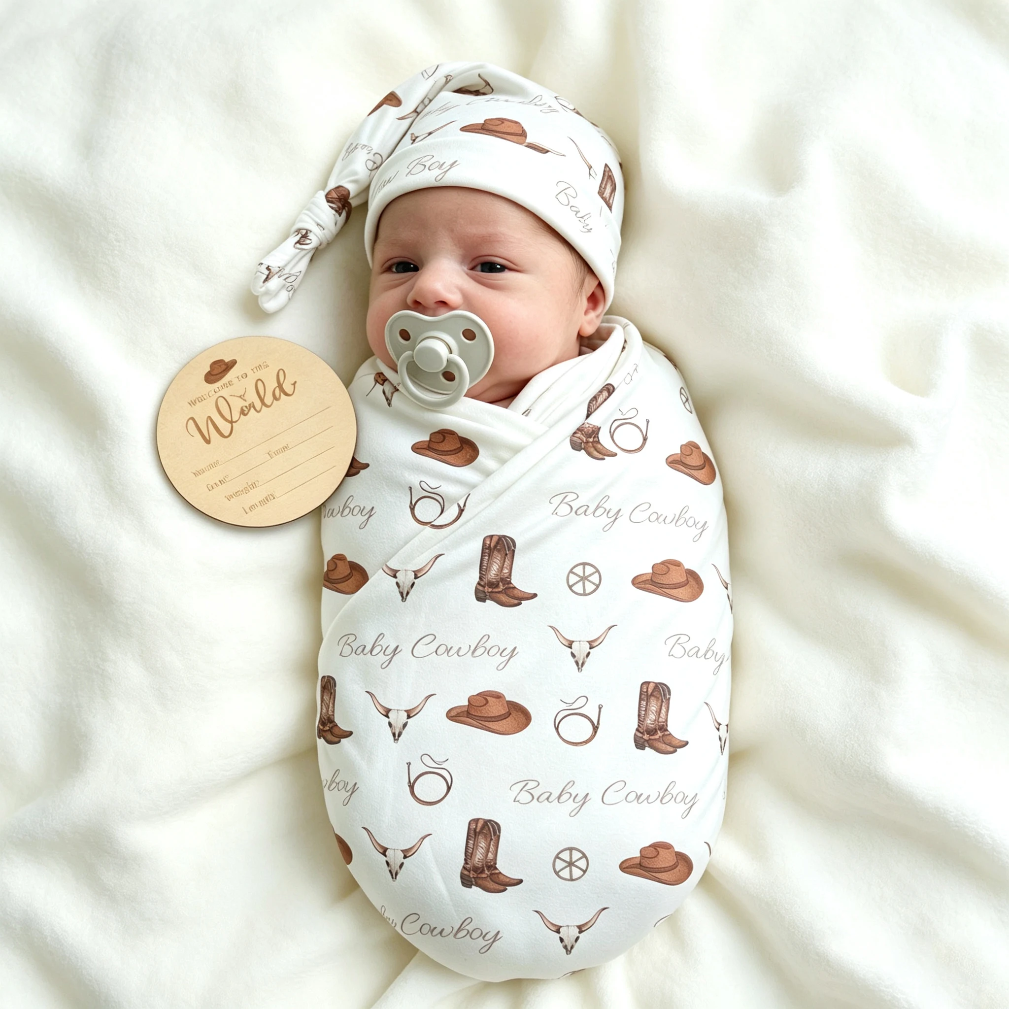 Newborn Western Cowboy Print Swaddle Blanket +Hat Set 32