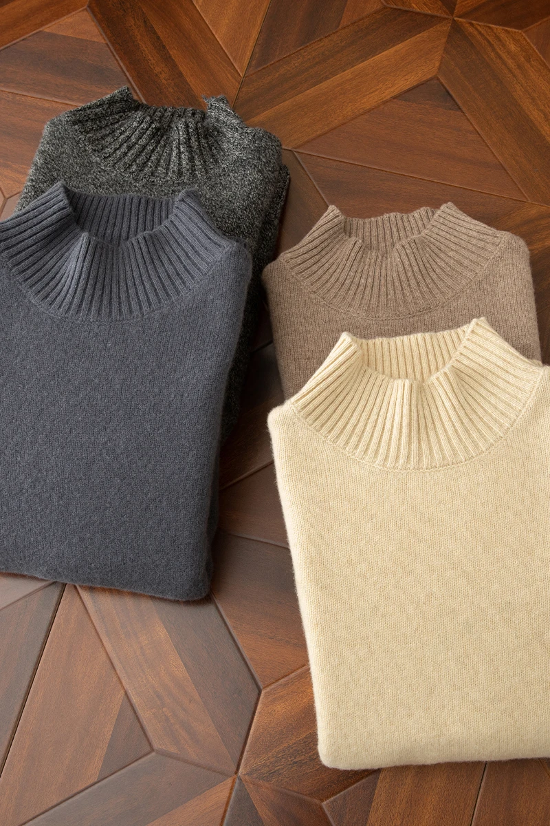 100% Merino Wool Autumn Winter Men's Classic Business Round-Neck Sweater Versatile Casual Half-High Thick Warm Top Knitwear