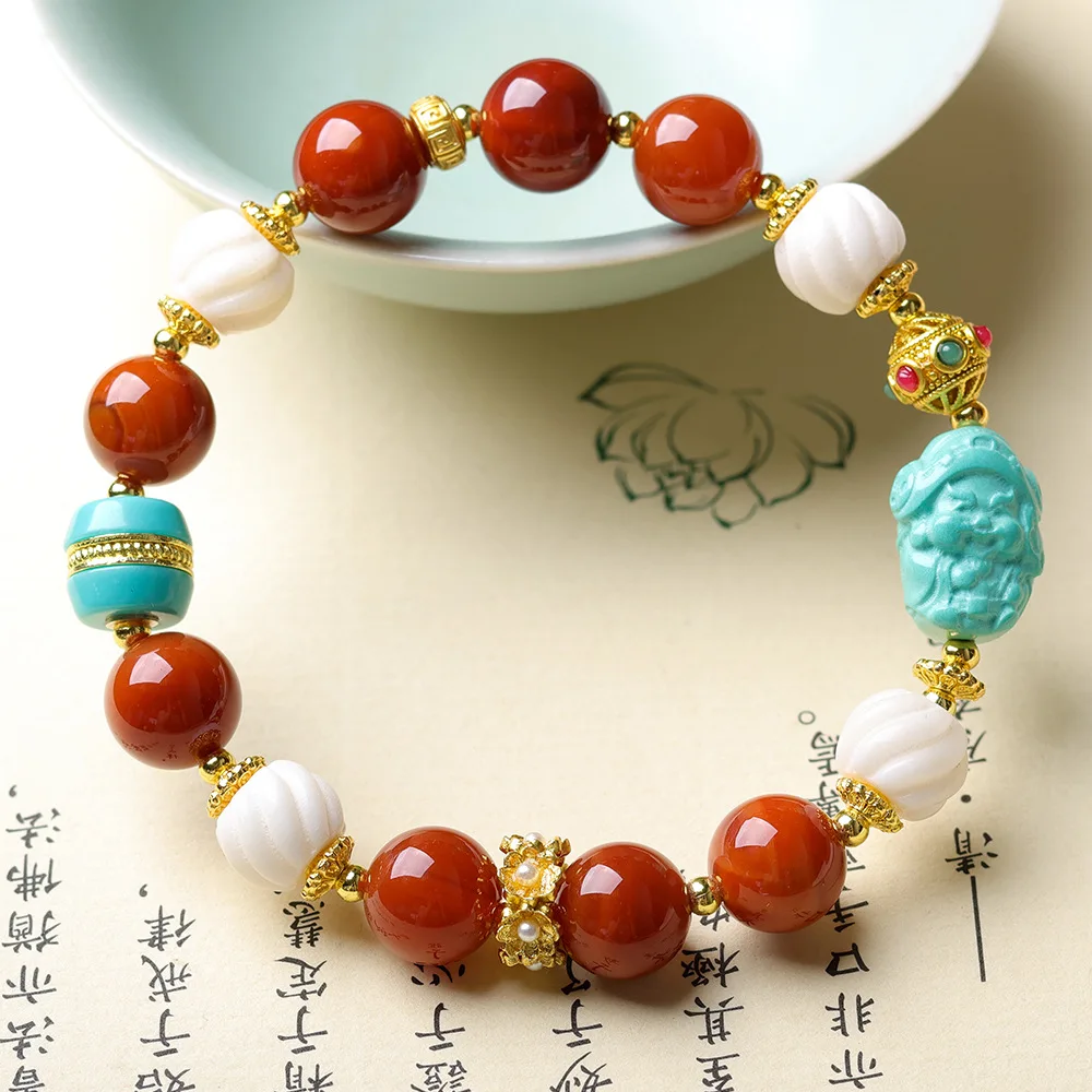 New Chinese Style South Red Agate Bracelet with Magnesite Turquoise God of Wealth Beads Antler Flower Beads Gifts