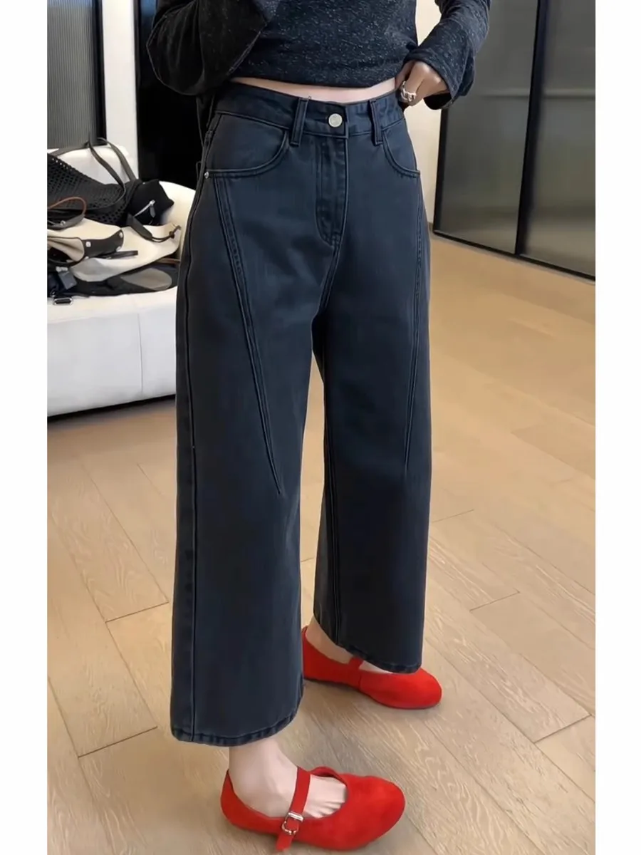 

Большие размеры, черные прямые джинсы, женские утягивающие свободные повседневные брюки с высокой талией на весну и лето, новые брюки с девятью точками Breadsti