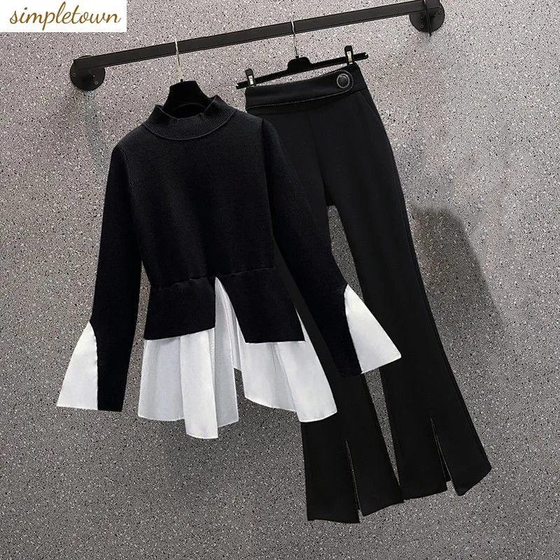 Fat Sister Fashion and Temperament Set Spring New 2024 Large Size Design Feel Spliced Shirt Micro Flared Pants Two Piece Set