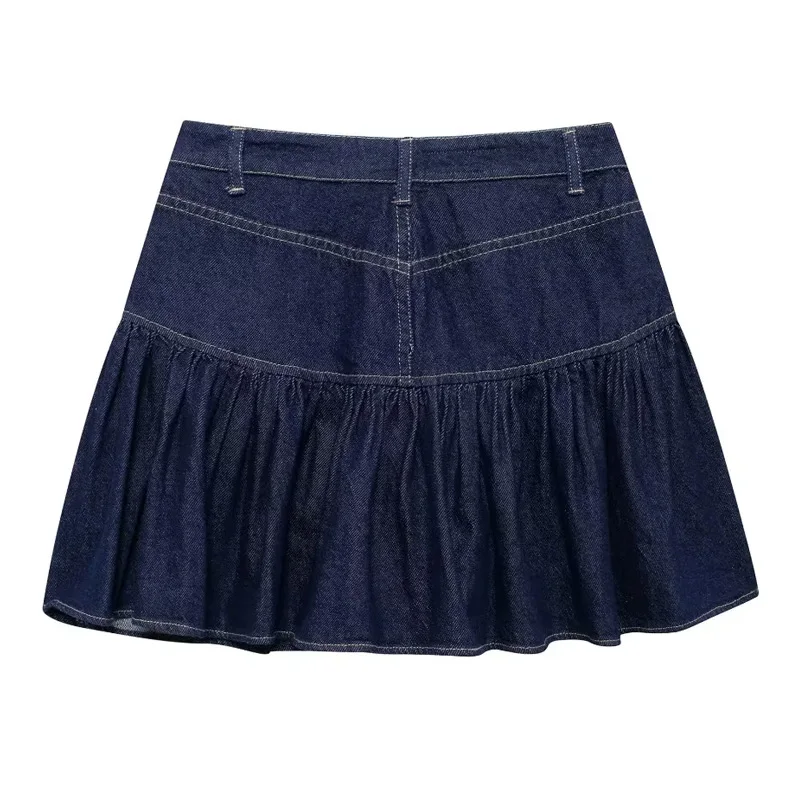 TRAF Women\'s Skirt Blue Denim Skirt Woman Belt Pleated Jeans Short Skirt For Women Autumn Fashion Ruffle Mini Skirts Womens 2024