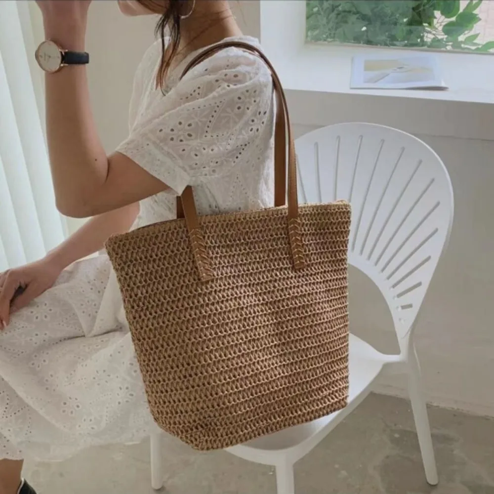 Summer Woven Shoulder Bag Women Beach Shoulder Bag Female Straw Knitted Handmade Large Capacity Handbag Purse Travel Tote Bags