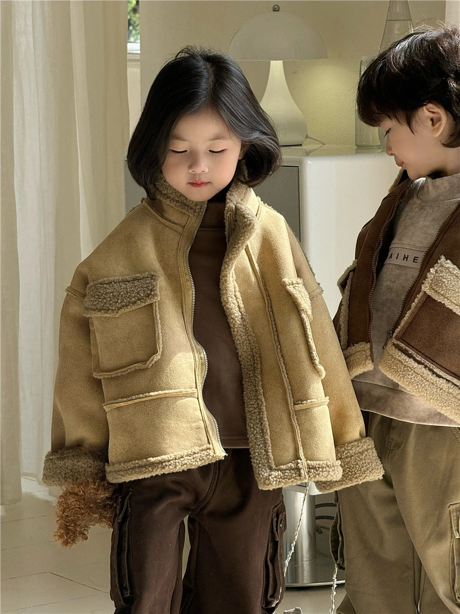 2024 Men's and Girls' Winter New Fur-integrated Warm Jacket Children's Korean Style Fashionable Plush Cotton Jacket