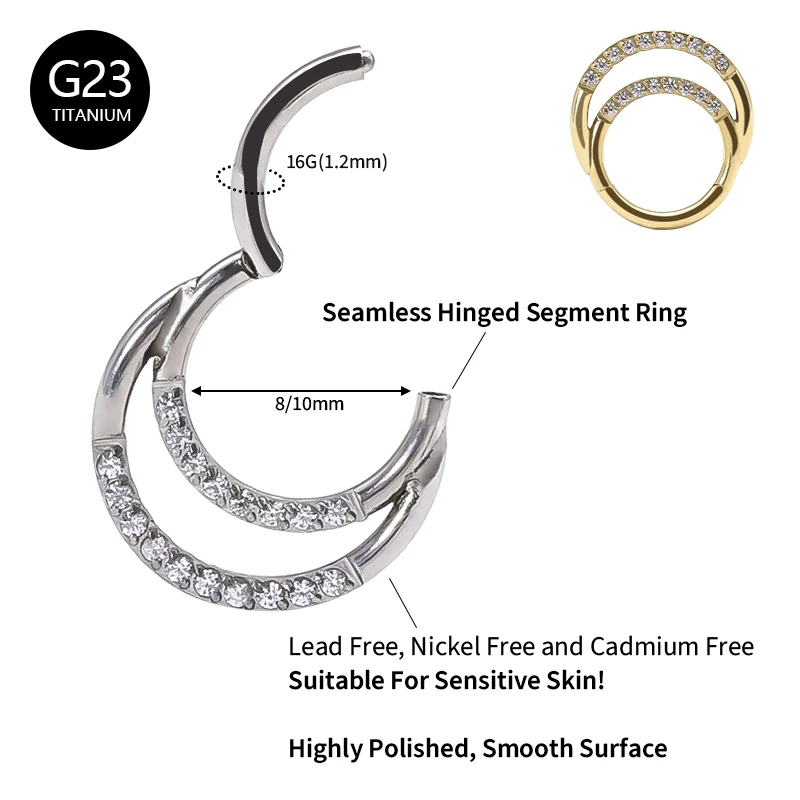 G23 Titanium Nose Ring Cartilage Snug Conch Helix Daith Earrings Round Septum Piercing CZ Zircon Clicker Hoop Body Jewelry 16G