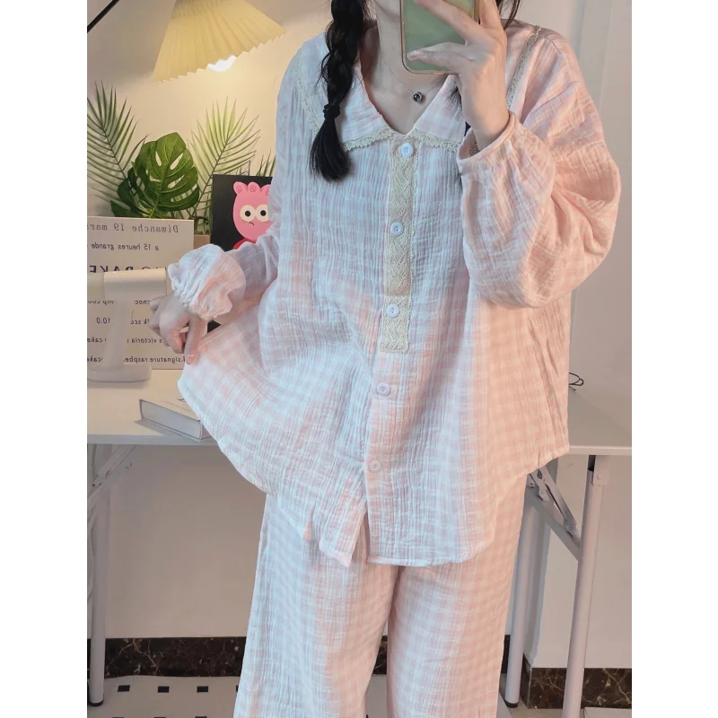 Plaid Sleepwear Women Pajama Sets Korean Piiama Ruffles Pants Sets for Women 2 Pieces Button Autumn Night Wears Lace Home Suit