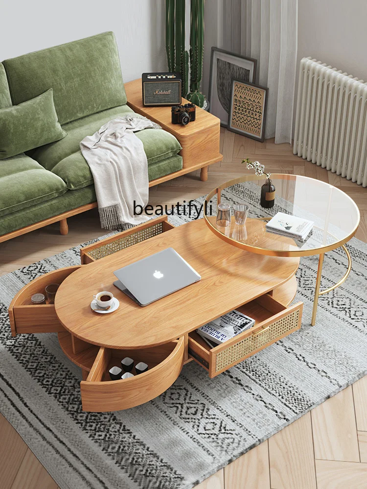 zqModern Minimalist Solid Wood TV Cabinet Coffee Table Combination Living Room Oval Glass Stone Plate Small Table