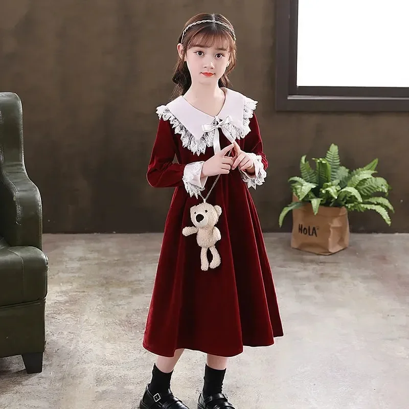 2023 teenager Children Clothes winter Autumn Girls Dress Kids Long Sleeves wine red lace cuffs princess pearl 4 8 9 10 6 12 year