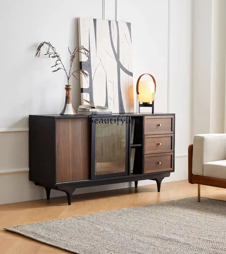 

ls 42Solid wood dining side cabinet integrated against the wall, living room storage tea cabinet, retro style storage cabinet