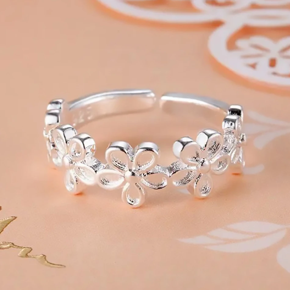Hot new charms 925 Sterling Silver flower Rings for Women adjustable Elegant Fashion Wedding Party Holiday gifts Charm Jewelry