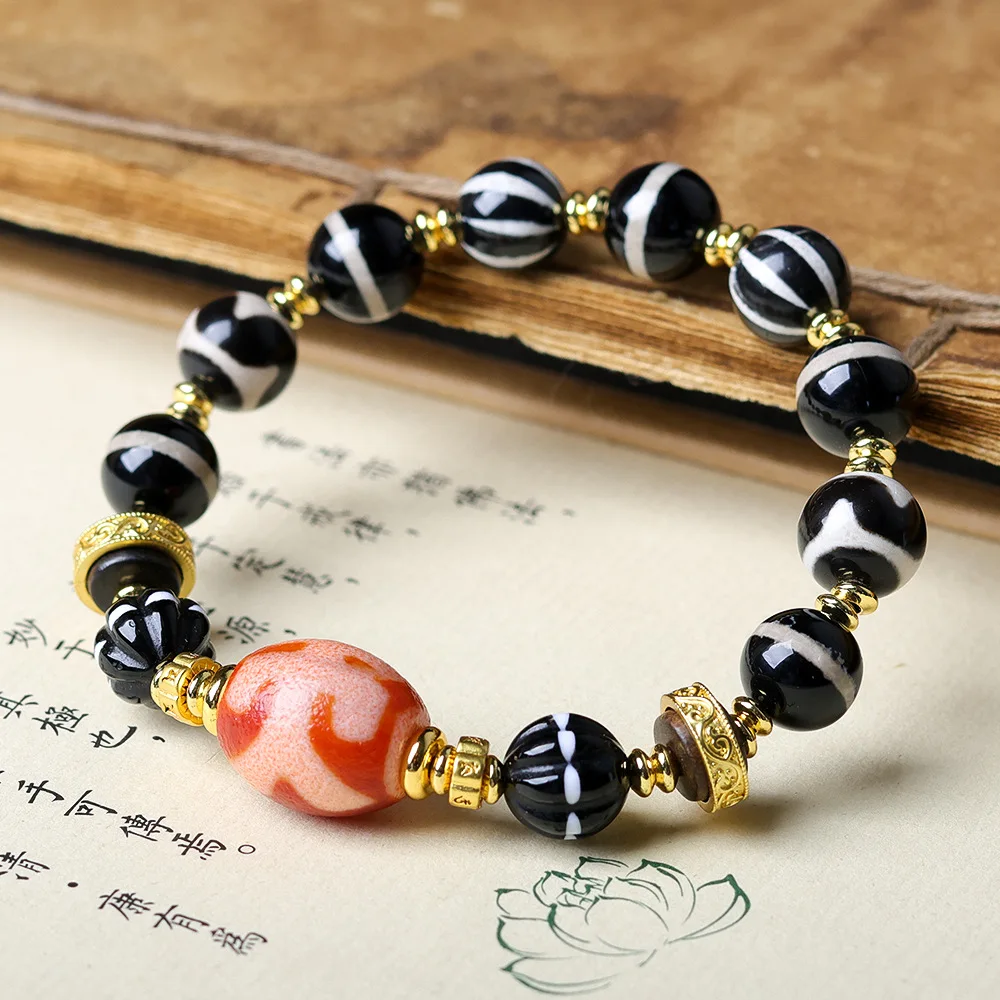 Original Red Flesh Nobleman Dzi Bead Multi Treasure Bracelet Wenchuan Melon Bead Tiger Tooth Dzi Bead Chinese Style Strings