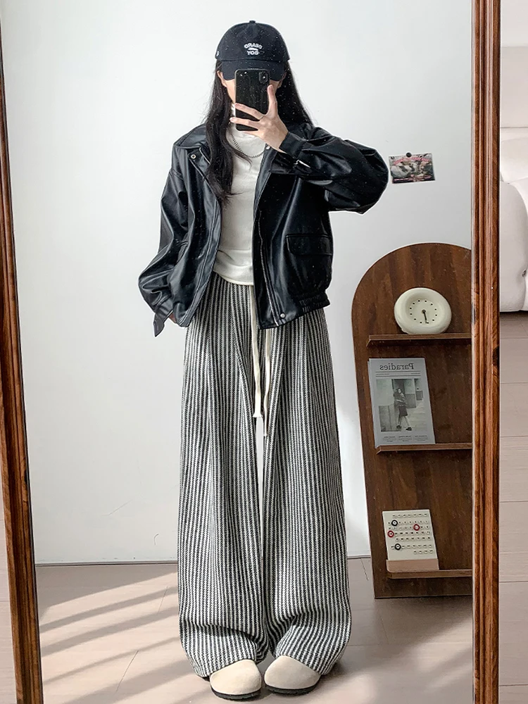 المرأة الخريف الشتاء حجم كبير 200 Pou خمر كسول الطابق طول بنطال ذو قصة أرجل واسعة الكاكي العمودي مخطط السراويل الصوفية #4