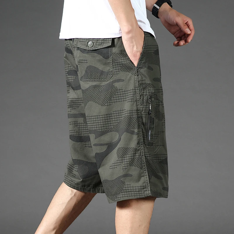 Pop Men Summer New Camouflage Cargo Shorts Men Fashion Cotton Casual Shorts Elastic Waist Breathable Zipper Pocket Jogger Shorts