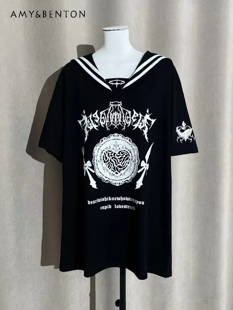 

Original Subculture Sailor Collar Cartoon Print Short Sleeve Y2K T-Shirt Women Japanese Harajuku Style Gothic Oversized T Shirt