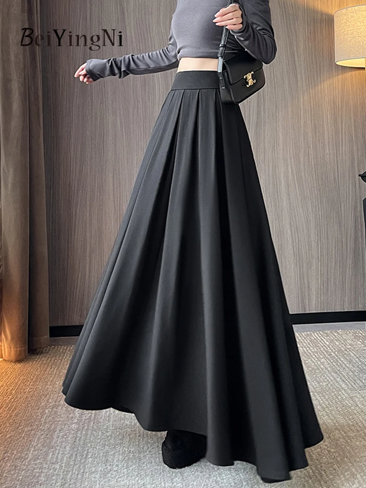 Beiyingni Women Long Suit Maxi Pleated Black Skirts Korean Fashion 2024 Autumn High Waist Slim A-line Skirt Ladies Gray Faldas