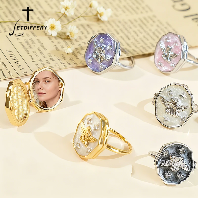 

Letdiffery Custom Album Box Locket Angel Rings Personazlied Retro High End Colorful Photo Adjustable Openable Ring Jewelry Gifts