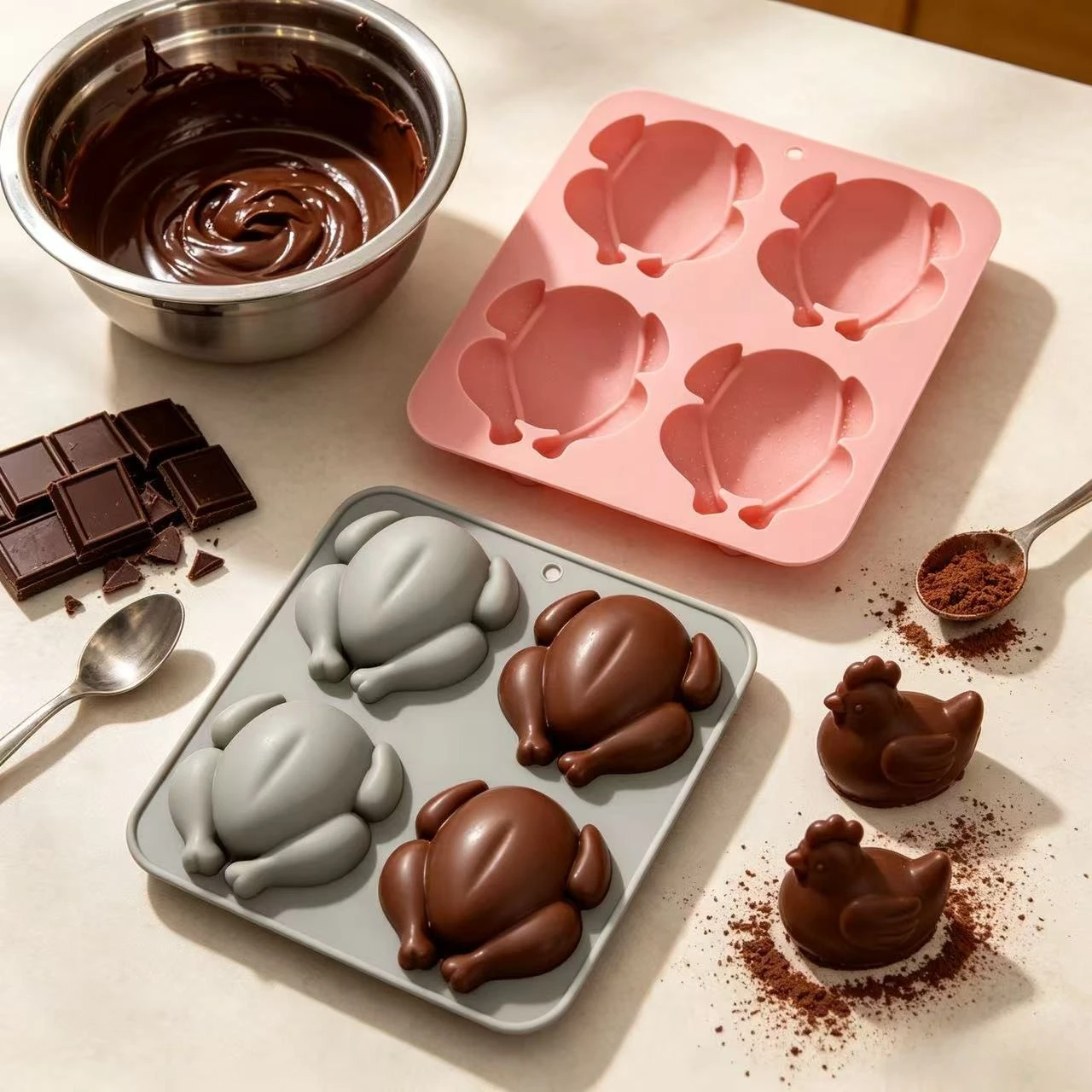 Molde de Silicona 3D con Forma de Pollo, 4 Cavidades, Antiadherente, para Chocolate, Dulces, Cubitos de Hielo, Herramienta para Hornear, para Fiestas Infantiles