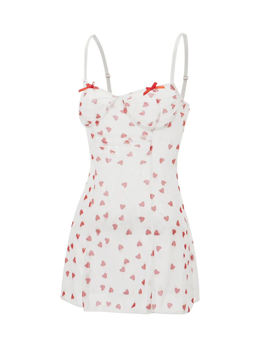 Women Lingerie Set Love Heart Pattern See Through V Neck Spaghetti Straps Babydoll Dress with Thong 2 Pcs Set