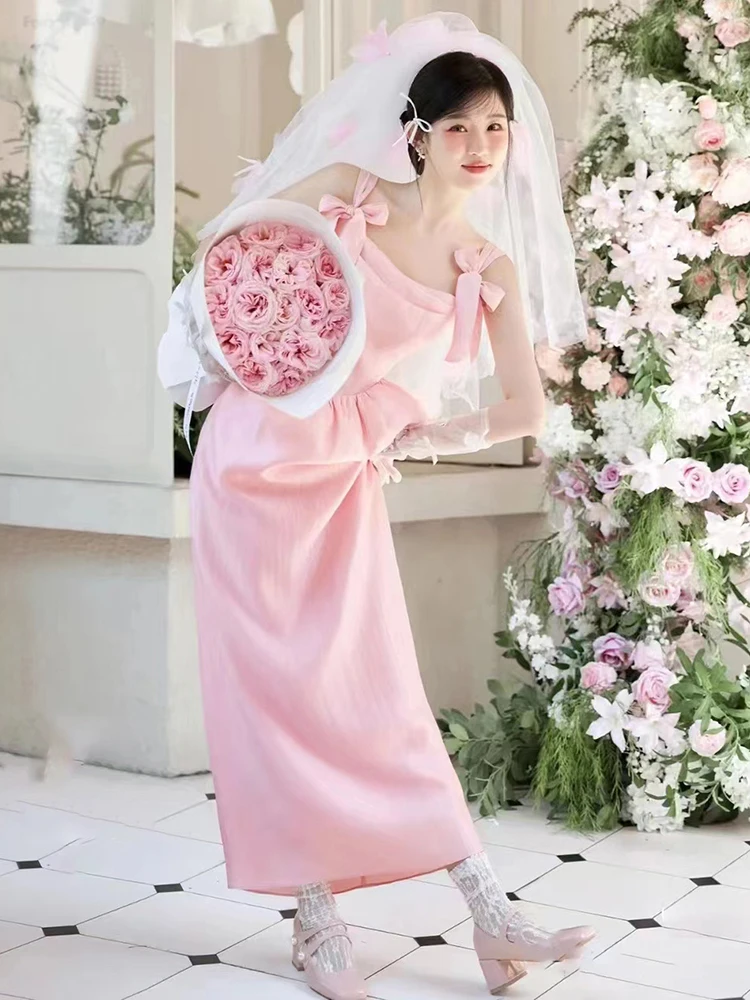 Sweet Bride-to-be Morning Robe Pink Evening Gown for Women Adult Ceremony Ball A-Line Skirt Wedding Date Cany Annual Dinner