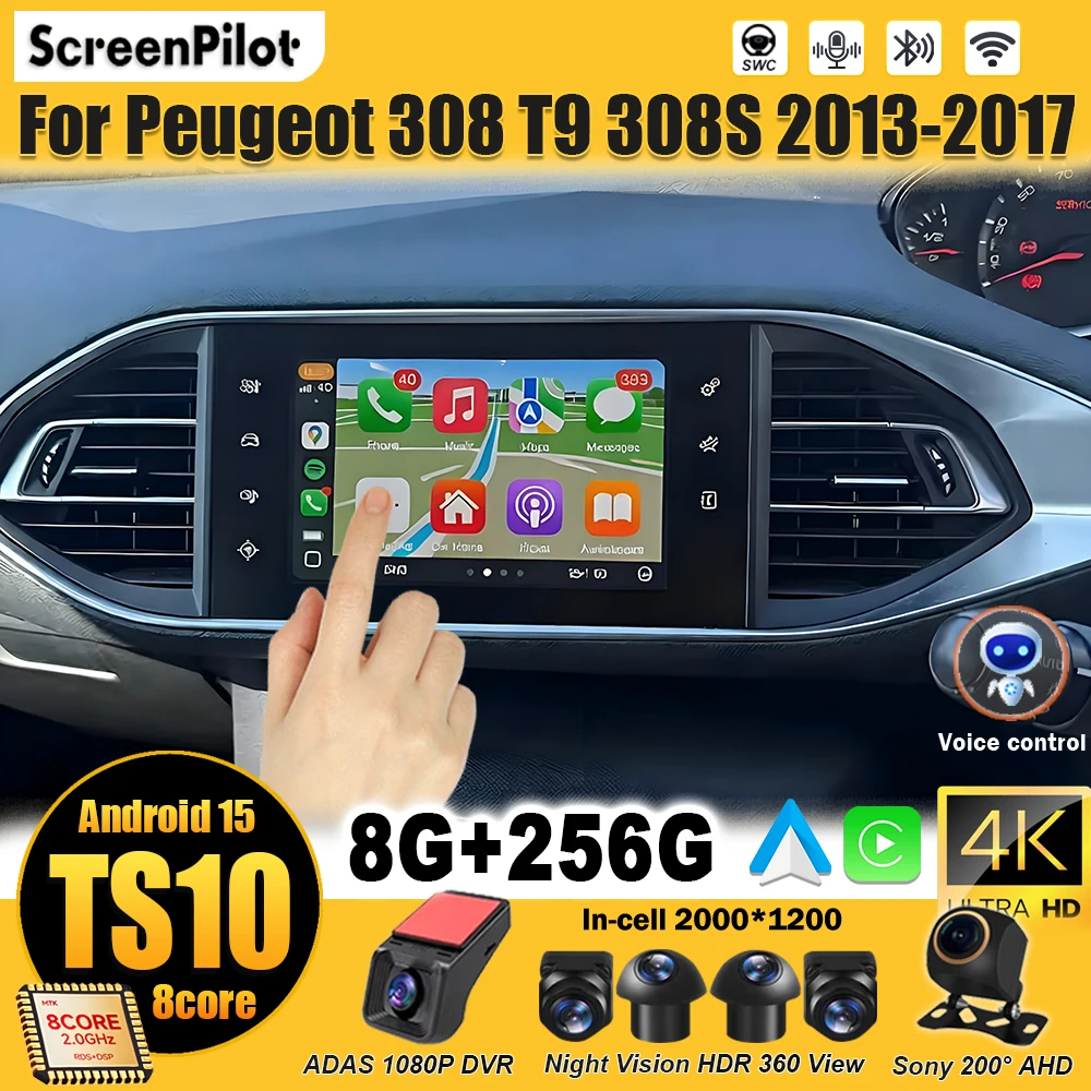 Android 15 For Peugeot 308 T9 308S 2013-2017 Car Radio carplay android Stereo Multimedia Player GPS Navigation WiFi unit auto