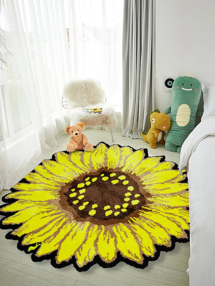 Imagem -02 - Girassol Tufted Tapete Redondo Arte Flor Área para Sala de Estar Quarto Moderno Amarelo Planta Fofo Banho Tapete