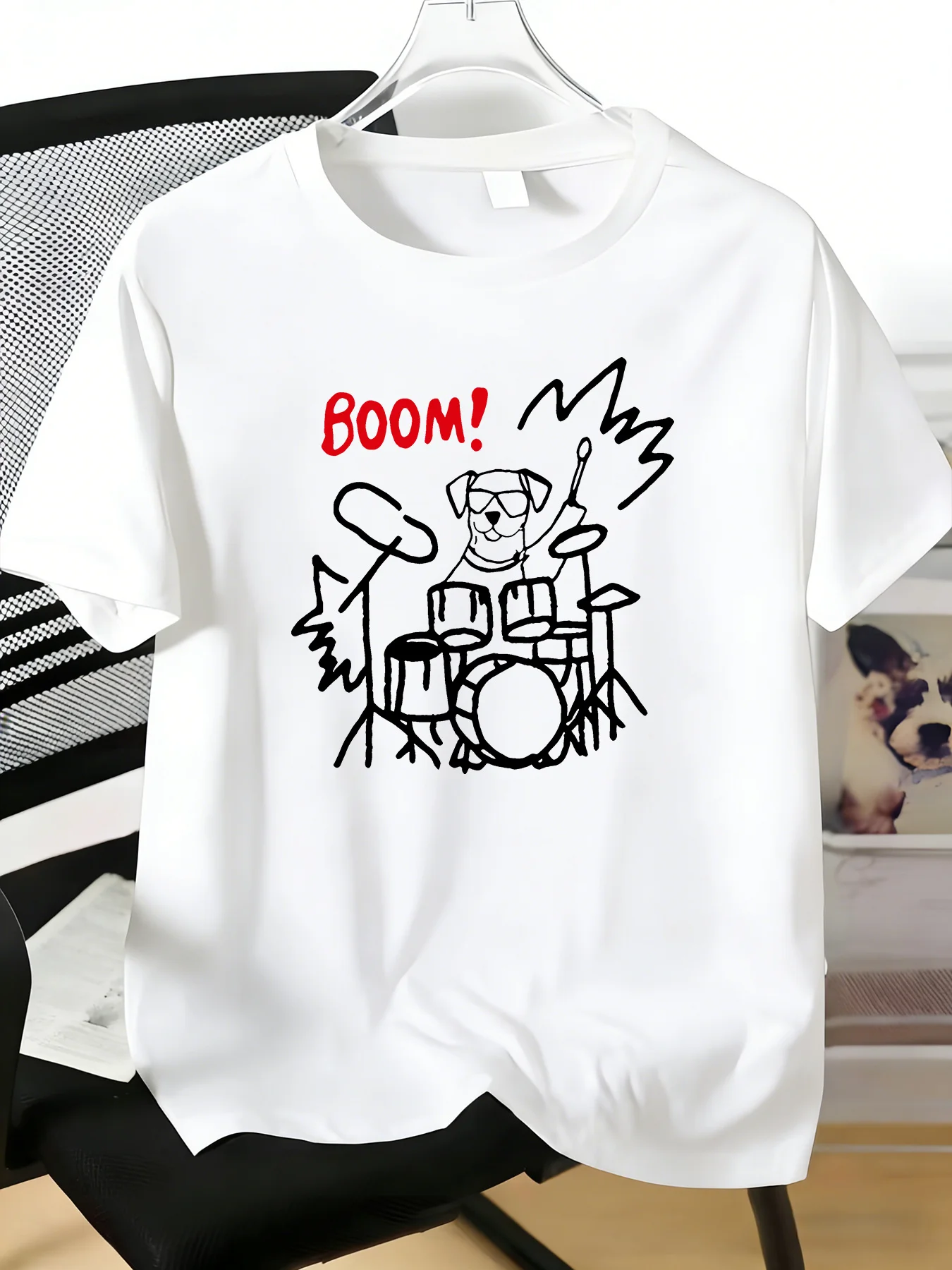Boom Cool Dog Play Drum Kit Cartoon Graphic Mens Cotton Crew Neck Short Sleeve Loose Casual Tee Rock Music Male Summer Daily Top