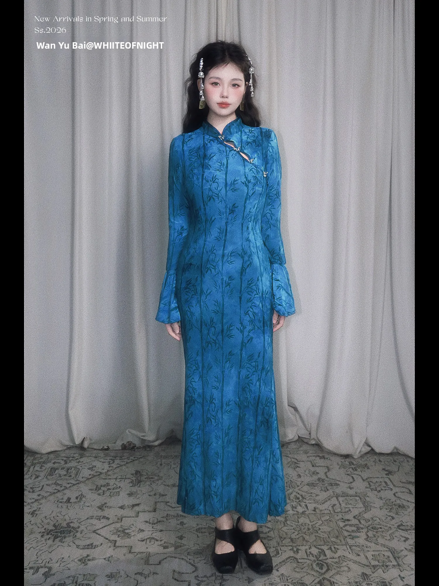 

Blue Elastic Velvet Long Sve Qipao Women's Dr Fi Tail Skirt Daily Warmth Vintage Sle Long Dr Floral Pattern