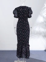Floral Puff Sleeves Maxi Dresses Women's Slim Waist-cinching Hip-wrap V-neck Dress 2026 New Ladies Summer Vacation Outwear - Image 6