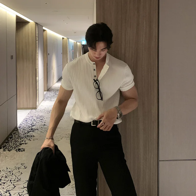 Men's New Henley Neck Short Sleeve Ribbed Texture Breathable Skin-friendly Casual Versatile Business Commute Daily Wear T Shirt
