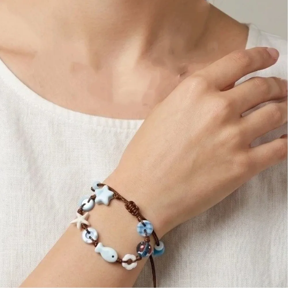 Temperament Adjustable Ceramic Bracelet Beads Braided Rope Woven Bracelet Cute Romantic Starfish Necklace Festival