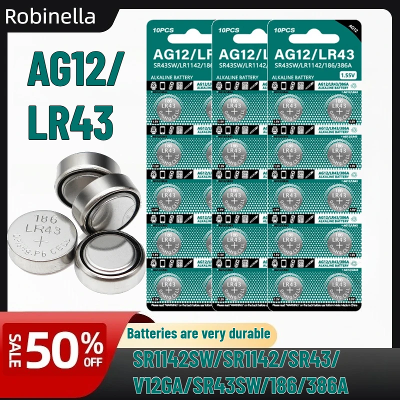 2-10PCS AG12 LR43 SR43 1.55V 110mAh Lithium Button Cell (LR1142 V12GA SR43W SR1142) for Watches, Electronic Toys, Remotes