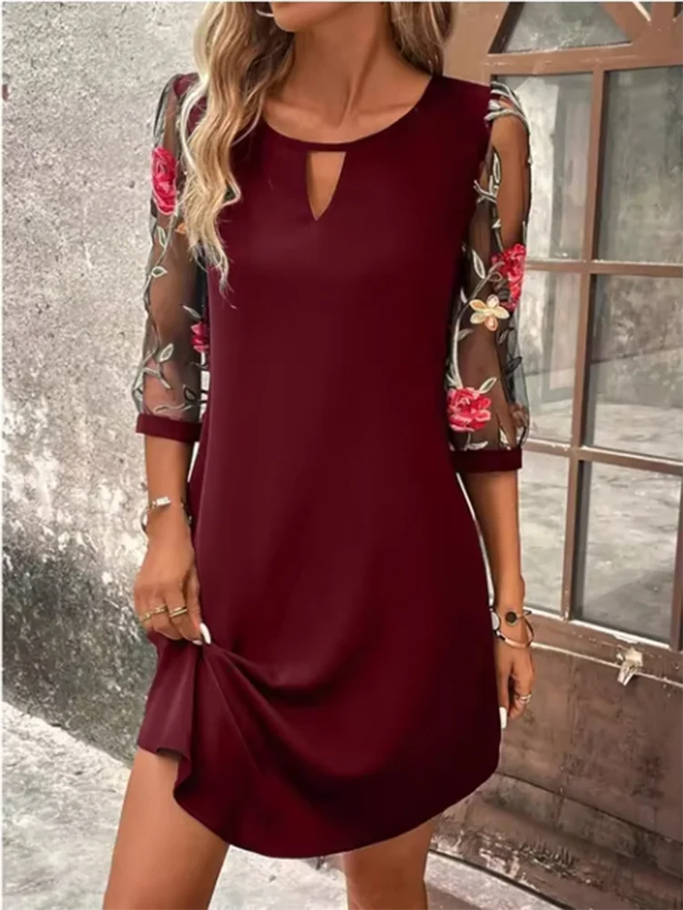 

4 Solid Color Transparent Mid Sleeve Dress Women's Floral Printed Round Neck Dress Sexy Dating Party Dress