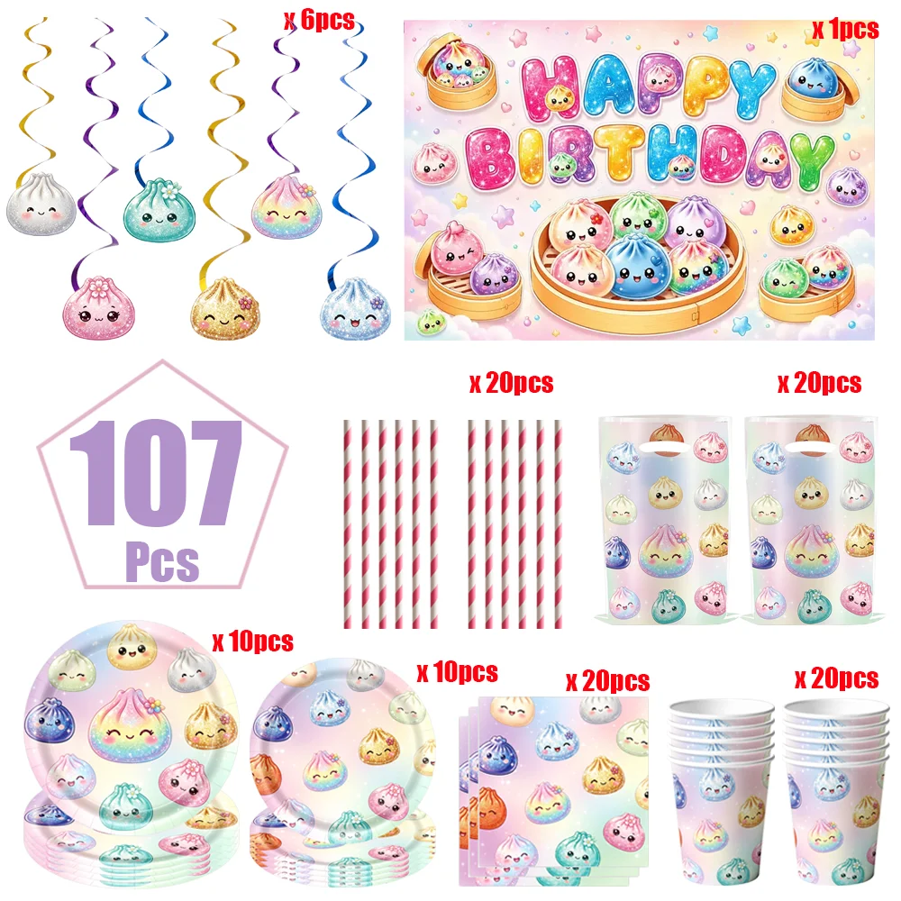 Squishy Dumpling Geburtstagsparty-Dekorationsset Einweg-Tischgeschirr Becher Teller Serviette Geschenktüte Banner Hintergrund Kinderparty-Zubehör – Detail 5