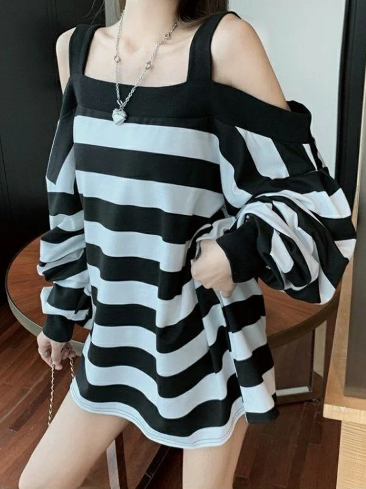 الكورية موضة قبالة الكتف مخطط تي شيرت المرأة البلوز القمم الإناث الخريف فضفاض عادية تيز سيدة شيك فانوس كم القمم #3