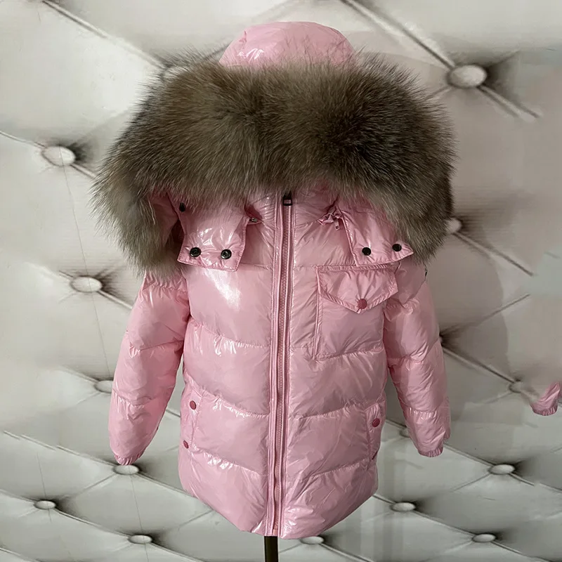 Winter New Kids Down Jacket Korean Style Faux Fox Fur Collar Thick Mid Long Boys Girls Puffer Coat 80-140cm
