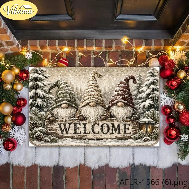VIKAMA Christmas Gnome Doormat Three Gnomes Snowy Pine Lantern, Entrance Mat Front Door, Non Slip Indoor Outdoor Rug, Merry Xmas