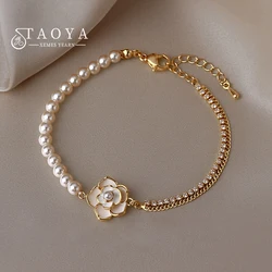 French Elegant White Enamel Camellia Flower Pearl Chain Charm Bracelets For 2024 Women's Sweet Accessories Girl's Wrist Jewelry