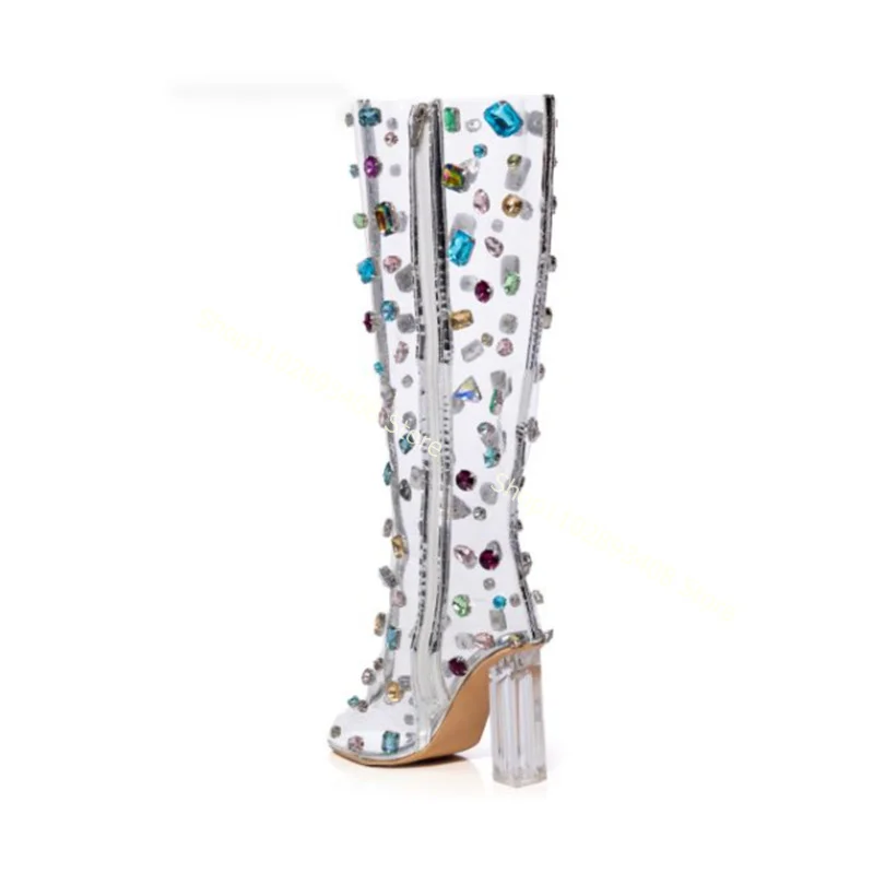 Peep Toe Clear PVC Crystal Sandal Boots Solid Side Zipper Chunky High Heels Women Summer Boots Fashion Shoes Zapatillas Mujer