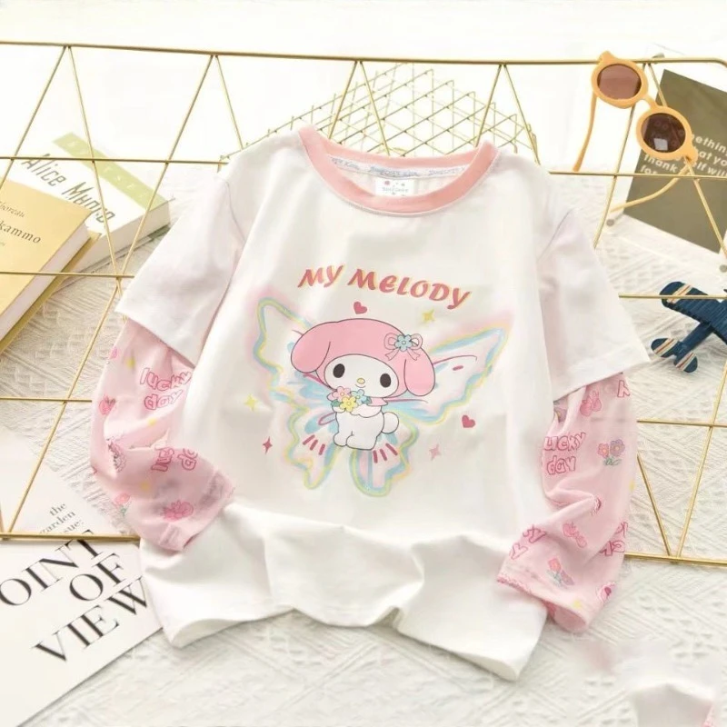 

Anime Cartoon Kawaii Sanrio Kuromi Outdoor Cool Feeling Short Sleeves Summer Clothes Two Fake Pieces Clothes Summer Comfortable