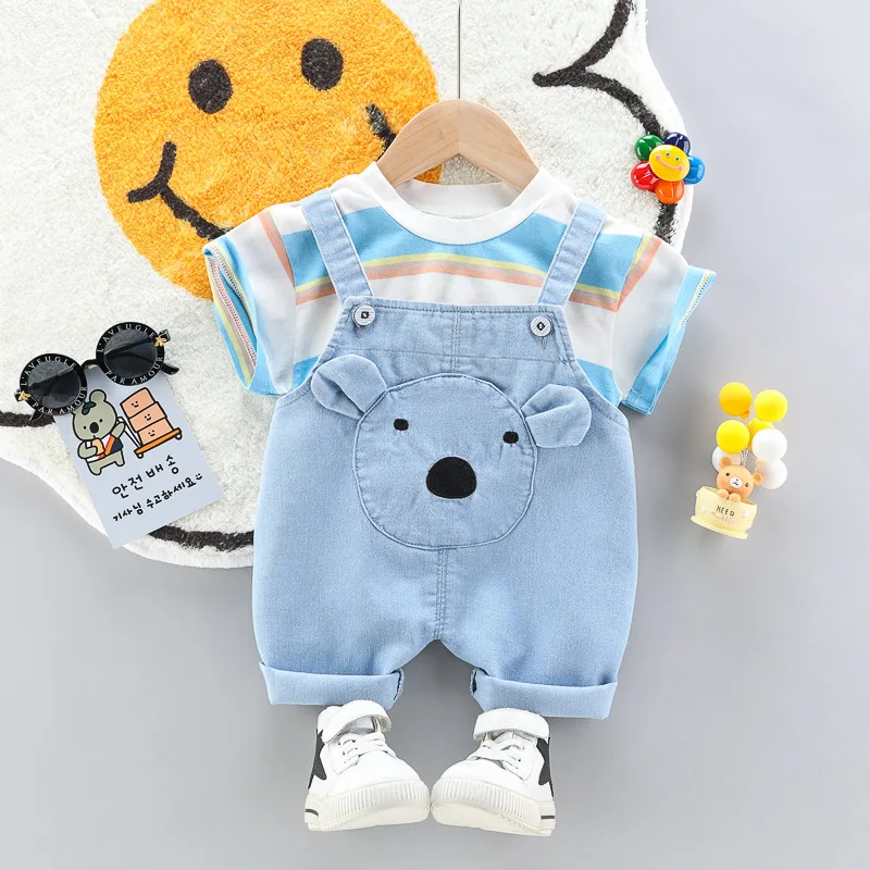 Quality Summer Baby boys Clothes Sets toddlers Children\'s Denim Overalls + Short T-Shirt Cute