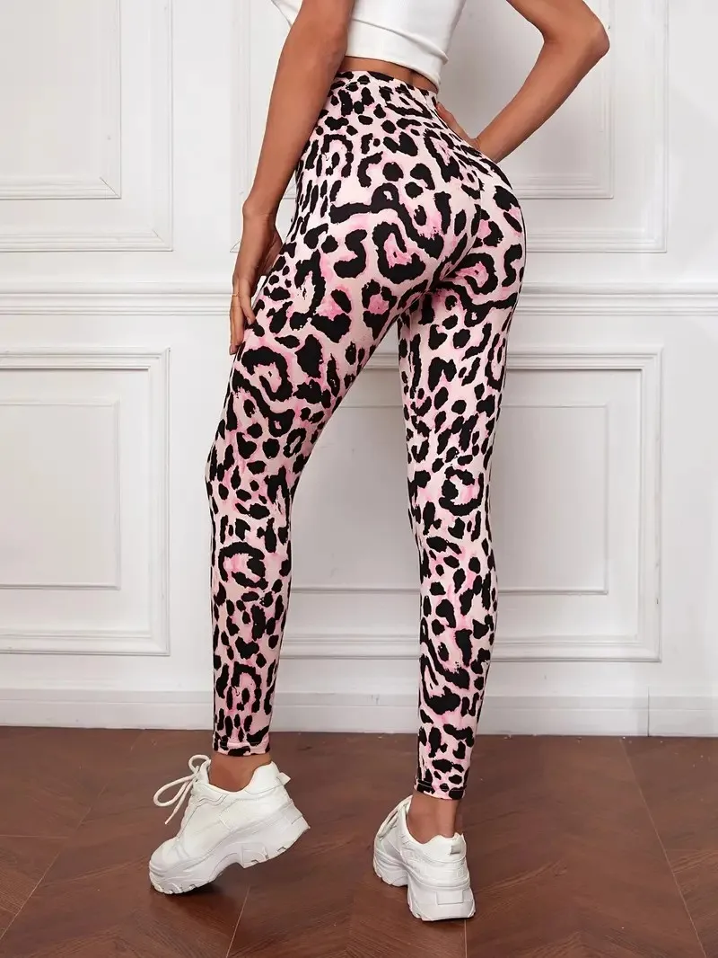 Damskie seksowne różowe legginsy z nadrukiem lamparta, długie, dopasowane, modne legginsy Outdoor Sports Casual legginsy