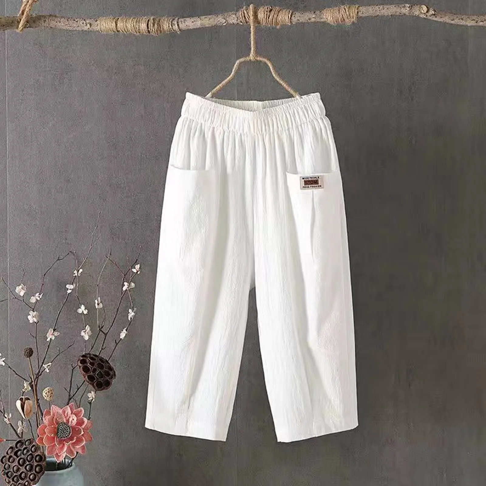 Summer Casual Cotton Cropped Harem Pants Women Loose High Waist Elastic Ankle-length Pants Solid Lady Pocket Wide Leg Trousers