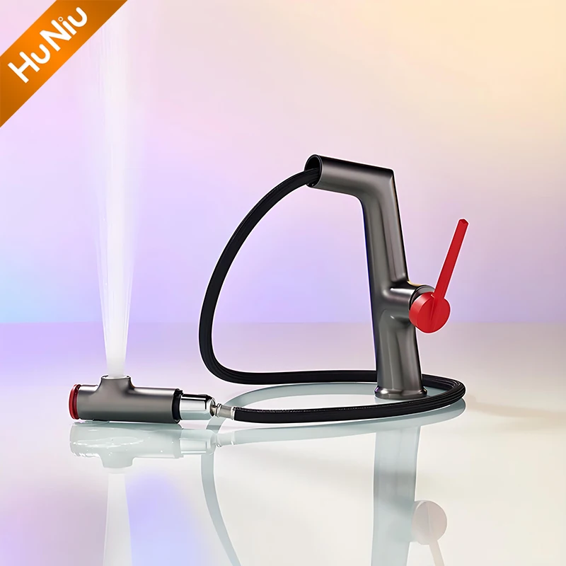 HuNiu Bathroom Sink Faucet Basin Pull-out Faucet Hot and Cold Water Mixer Water Tap Single Hole For Bathroom Sinks Faucet Taps
