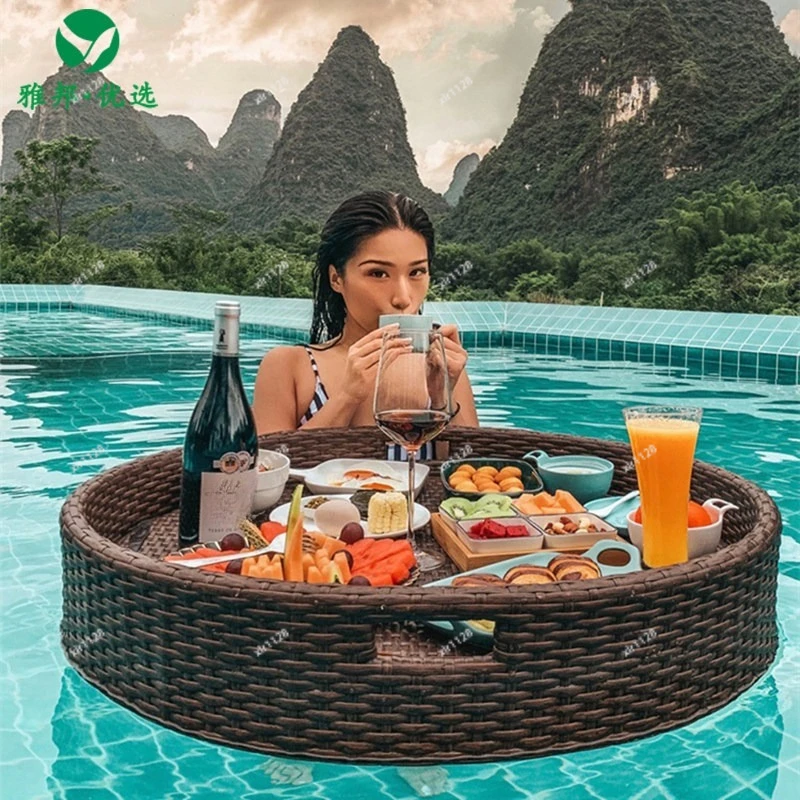

Round Rattan Floating Tray Bali Style Woven Basket Pool Plate for Hotel Homestay Beach Swimming Pool