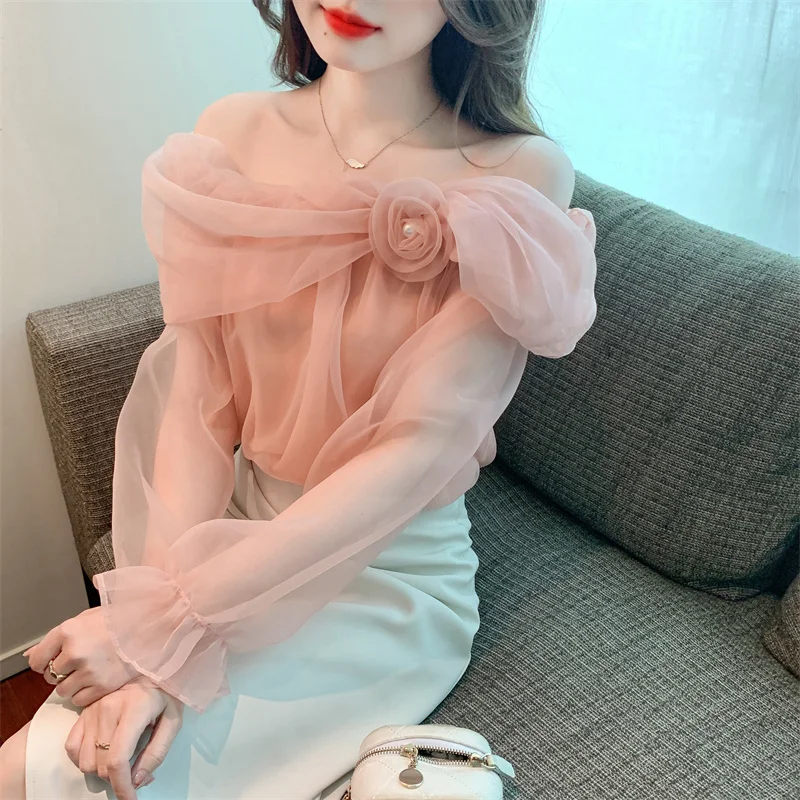 utumn New French Off Shoulder Top Sexy Sweet Long Sleeve Chiffon Shirt Blouse Women\'s 3D Flower Pink Off White Shirt Top